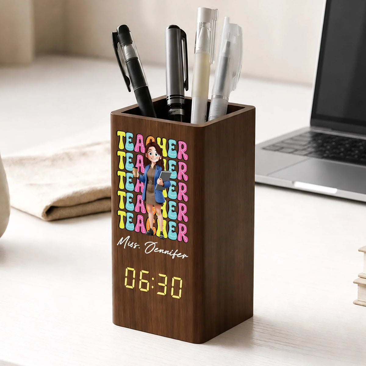 Personalized Wooden Pen Holder Clock, Cartoon Teacher Desk Organizer, Unique Creative Gift for Teacher