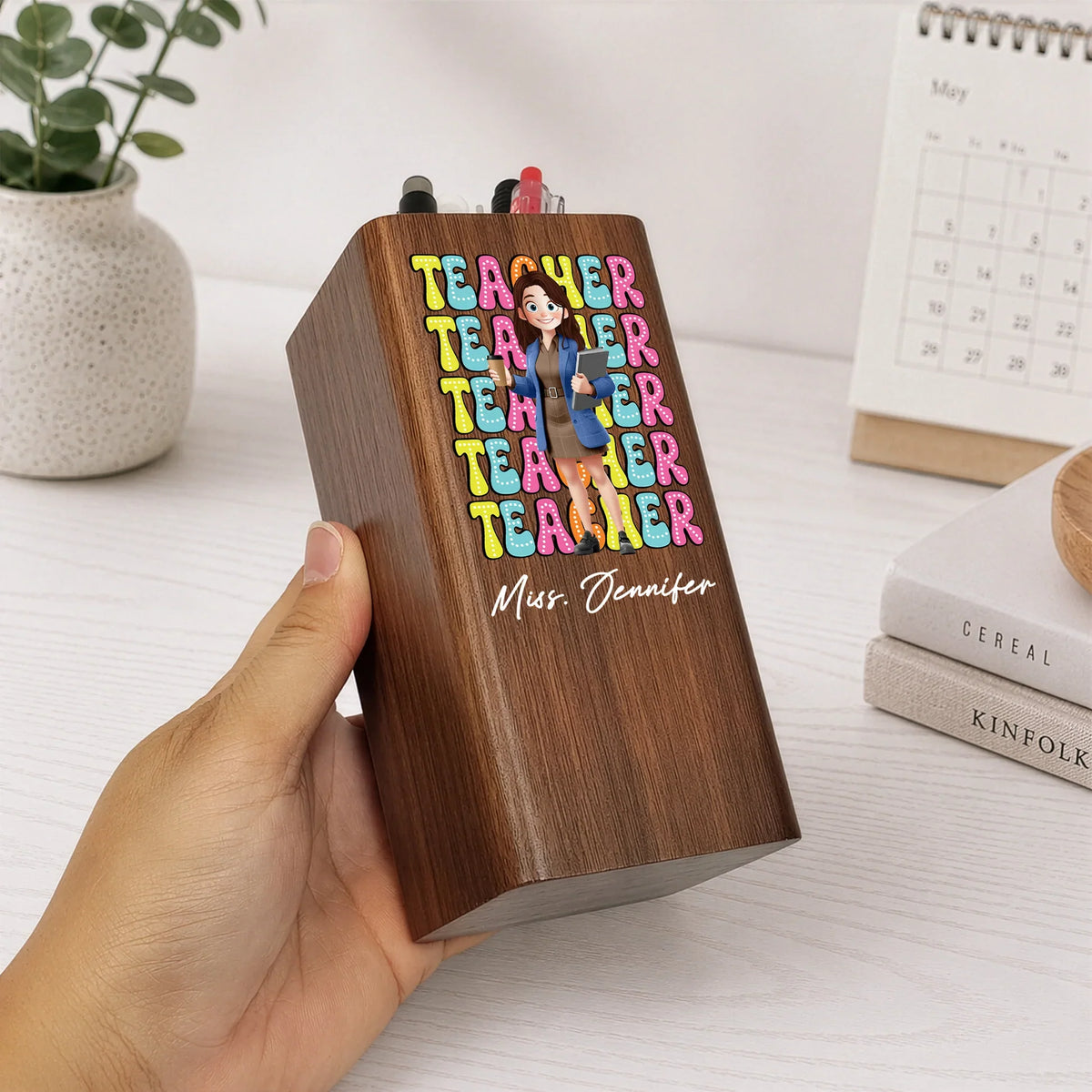 Personalized Wooden Pen Holder Clock, Cartoon Teacher Desk Organizer, Unique Creative Gift for Teacher