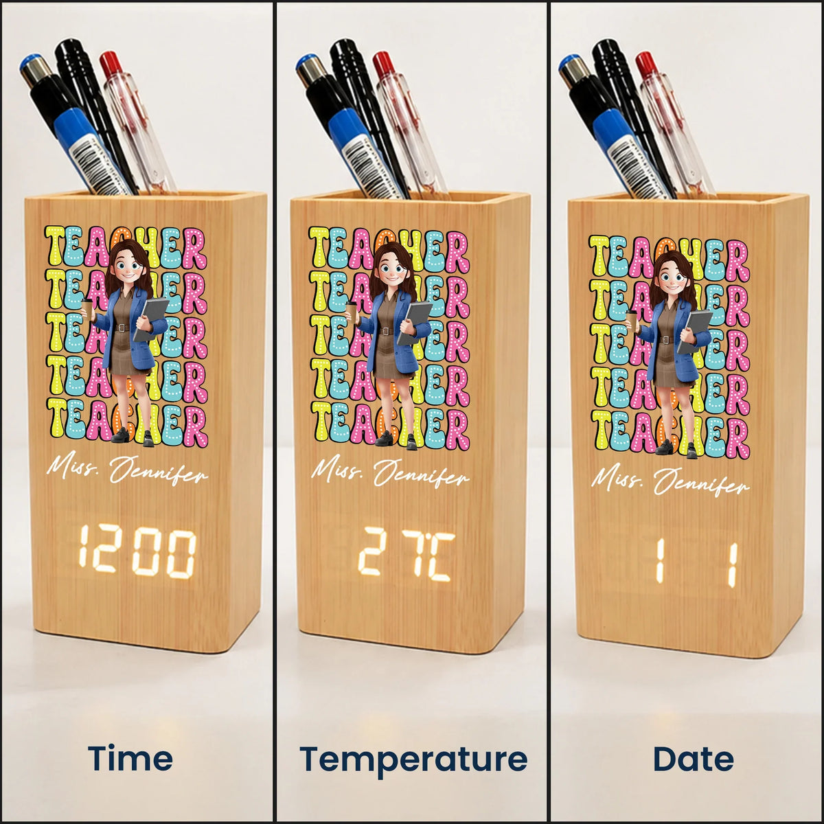 Personalized Wooden Pen Holder Clock, Cartoon Teacher Desk Organizer, Unique Creative Gift for Teacher