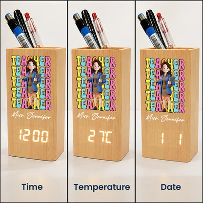 Personalized Wooden Pen Holder Clock, Cartoon Teacher Desk Organizer, Unique Creative Gift for Teacher