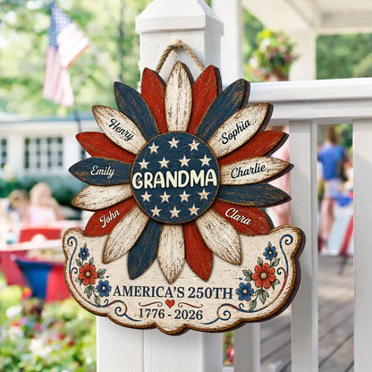 Personalized Patriotic Grandma Wooden Sign, Sunflower Family Decor, Unique Gift for Grandma