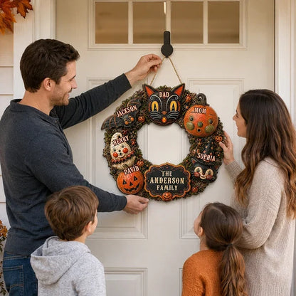 Personalized Wooden Sign, Custom Family Black Cat and Pumpkin Halloween Front Door Decor, Unique Gift for Families