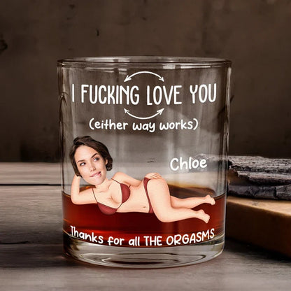 Personalized Whiskey Glass with Reclining Portrait and Funny Love Quote, Unique Gift for Husband