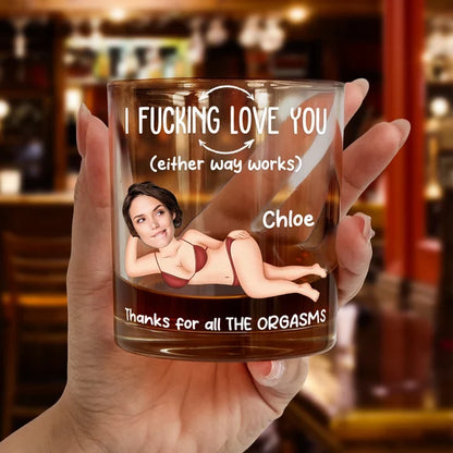 Personalized Whiskey Glass with Reclining Portrait and Funny Love Quote, Unique Gift for Husband