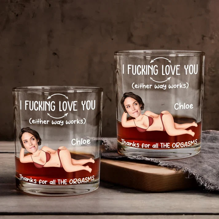Personalized Whiskey Glass with Reclining Portrait and Funny Love Quote, Unique Gift for Husband