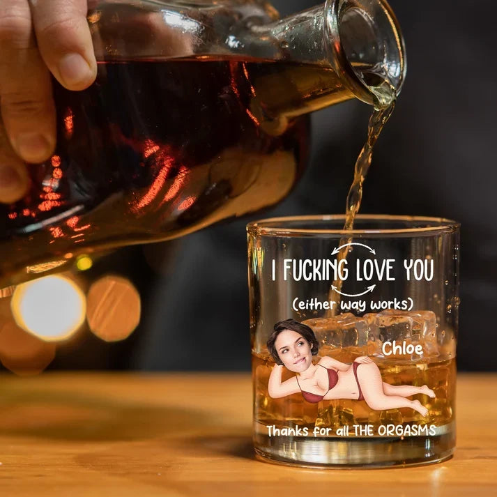 Personalized Whiskey Glass with Reclining Portrait and Funny Love Quote, Unique Gift for Husband