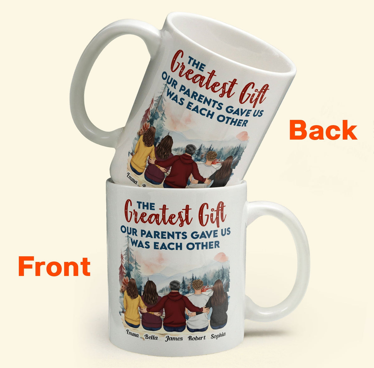 Family Mug with Illustration & Quote, siblings sitting in a snowy mountain scene, a unique gift for Mom & Dad