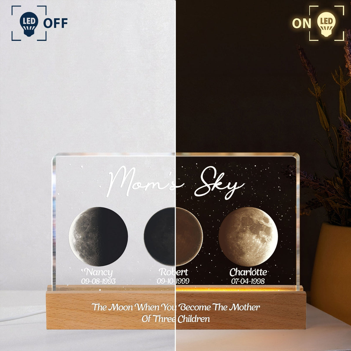 Mom's Sky Block LED Light Plaque, Personalized Moon Phase Night Light for Family Memory, Cozy Bedside Decor Gift