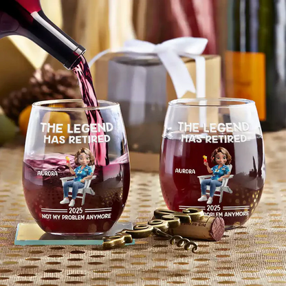 Personalized Wine Glass with Funny Retirement Quote and Relaxing Cartoon Character, Unique Gift for Retiree