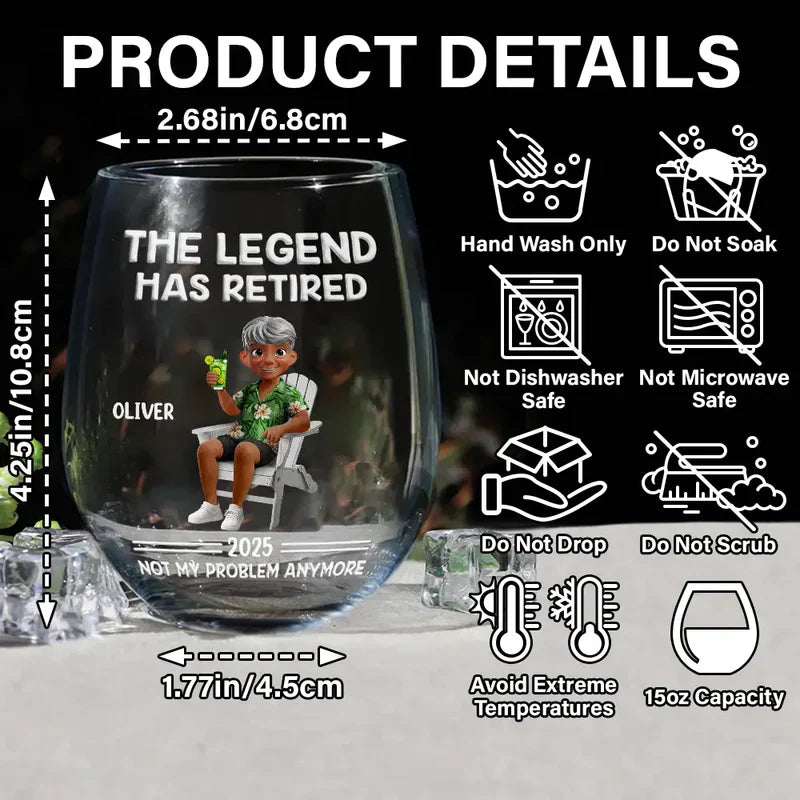 Personalized Wine Glass with Funny Retirement Quote and Relaxing Cartoon Character, Unique Gift for Retiree