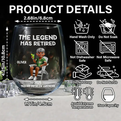 Personalized Wine Glass with Funny Retirement Quote and Relaxing Cartoon Character, Unique Gift for Retiree