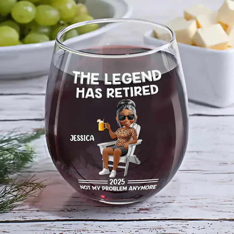 Personalized Wine Glass with Funny Retirement Quote and Relaxing Cartoon Character, Unique Gift for Retiree