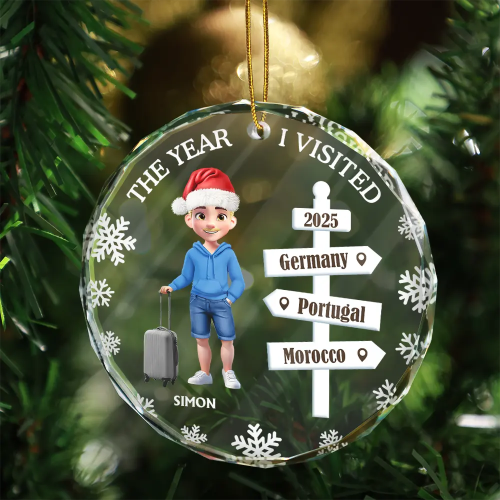 Travel,Christmas,Gift For Couples,Happy - The Year We Visted Travel Ornament - Personalized Circle Glass Ornament