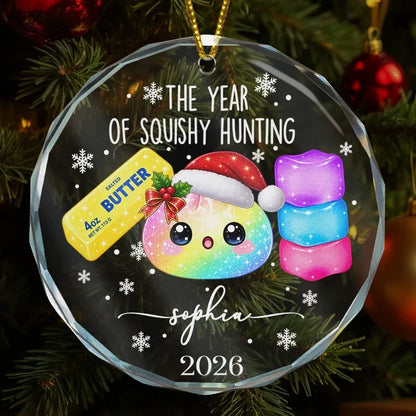 Personalized Crystal Ornament, Rainbow Squishy in Santa Hat, Cute Unique Christmas Gift for Squishy Fans