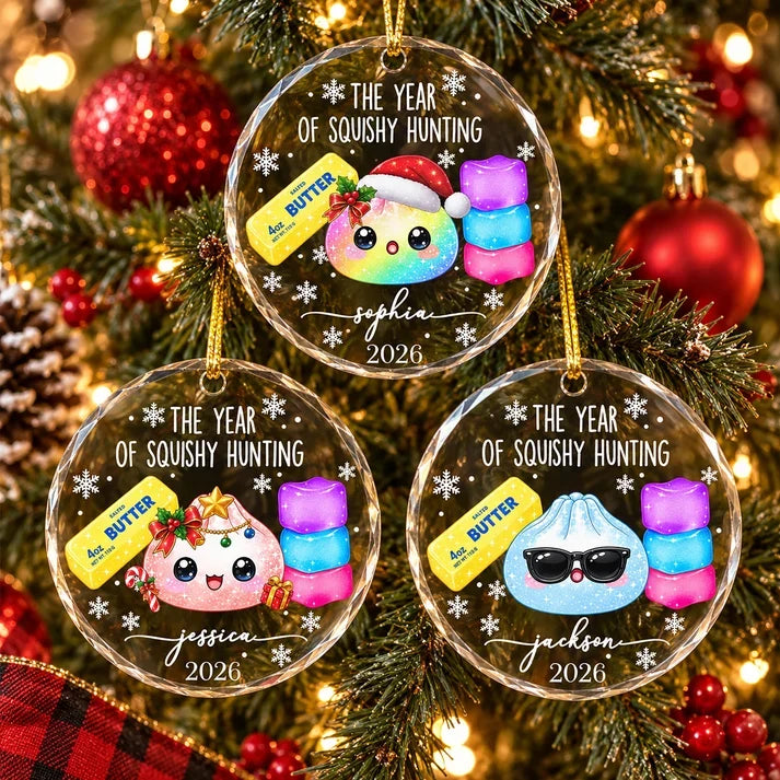 Personalized Crystal Ornament, Rainbow Squishy in Santa Hat, Cute Unique Christmas Gift for Squishy Fans