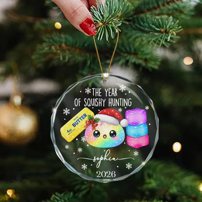 Personalized Crystal Ornament, Rainbow Squishy in Santa Hat, Cute Unique Christmas Gift for Squishy Fans