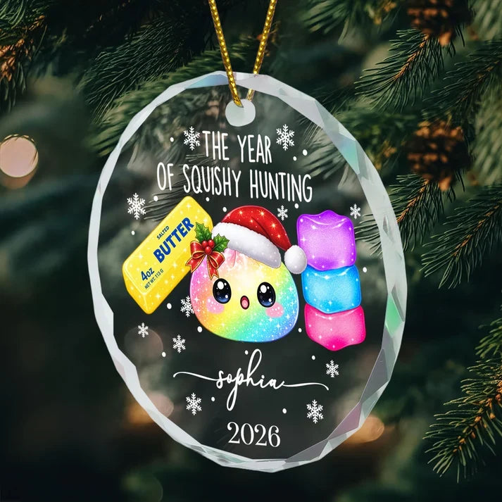 Personalized Crystal Ornament, Rainbow Squishy in Santa Hat, Cute Unique Christmas Gift for Squishy Fans