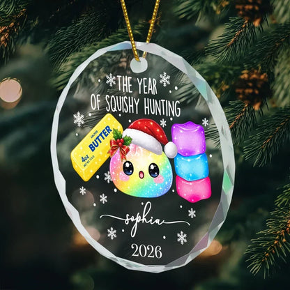 Personalized Crystal Ornament, Rainbow Squishy in Santa Hat, Cute Unique Christmas Gift for Squishy Fans