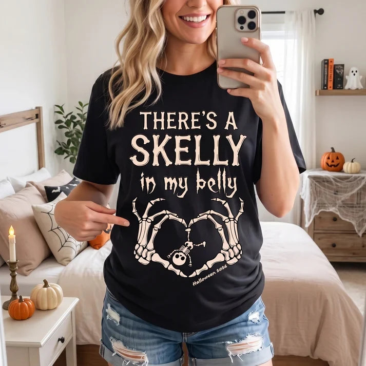 Classic Tee, There's A Skelly In My Belly Pregnancy Reveal, Personalized Creative Gift for Mom-to-Be