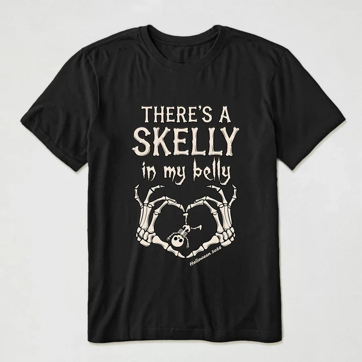Classic Tee, There's A Skelly In My Belly Pregnancy Reveal, Personalized Creative Gift for Mom-to-Be