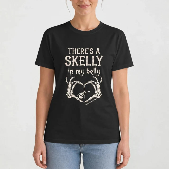 Classic Tee, There's A Skelly In My Belly Pregnancy Reveal, Personalized Creative Gift for Mom-to-Be