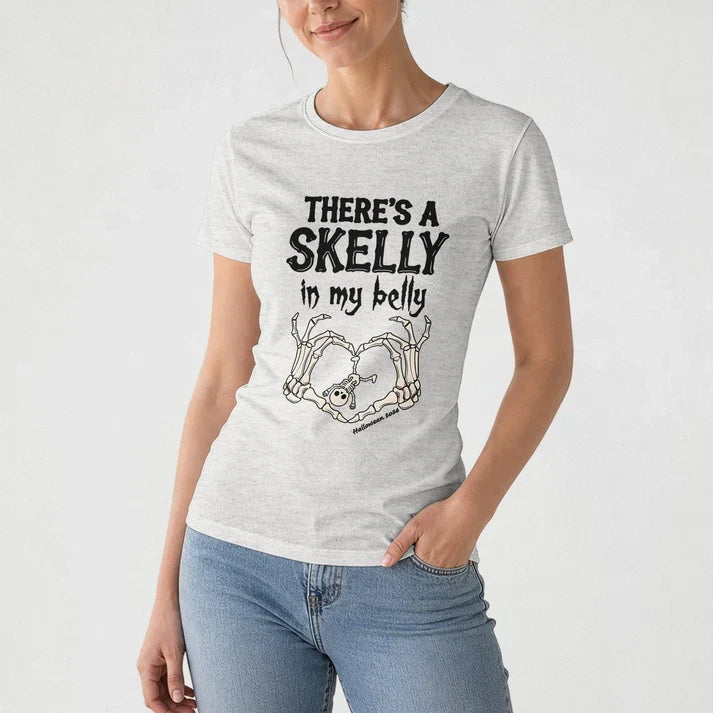 Classic Tee, There's A Skelly In My Belly Pregnancy Reveal, Personalized Creative Gift for Mom-to-Be