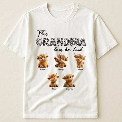 Personalized Grandma Loves Her Herd Classic Tee With Cute Highland Cow Calves, Unique Gift For Grandma