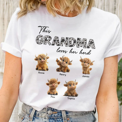 Personalized Grandma Loves Her Herd Classic Tee With Cute Highland Cow Calves, Unique Gift For Grandma