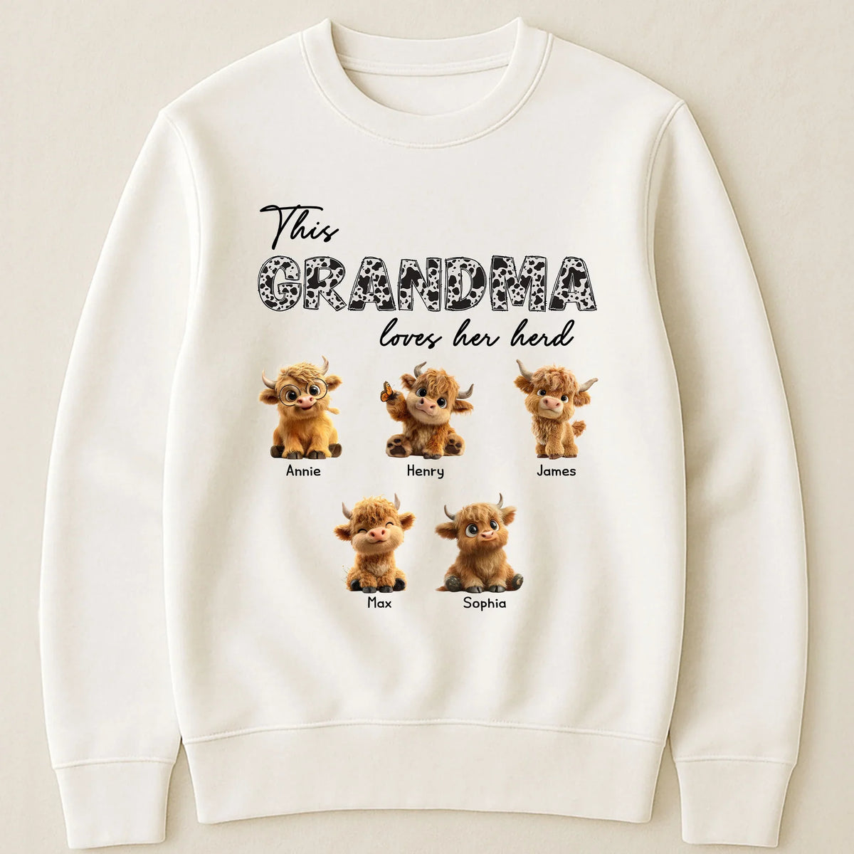 Personalized Grandma Loves Her Herd Classic Tee With Cute Highland Cow Calves, Unique Gift For Grandma