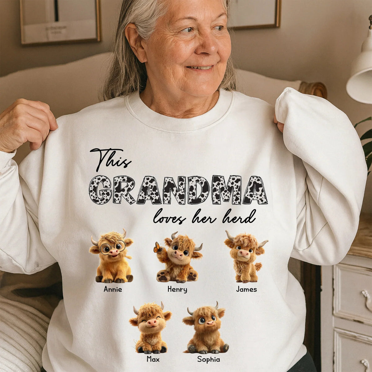 Personalized Grandma Loves Her Herd Classic Tee With Cute Highland Cow Calves, Unique Gift For Grandma