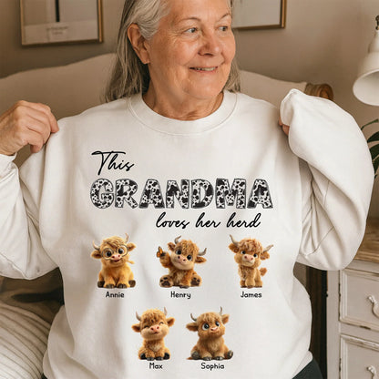 Personalized Grandma Loves Her Herd Classic Tee With Cute Highland Cow Calves, Unique Gift For Grandma