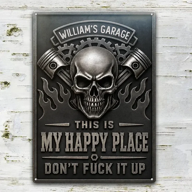 Personalized Rectangular Iron Sign, Skull, Pistons & Flames Garage Decor, Unique Gift for Car Enthusiasts