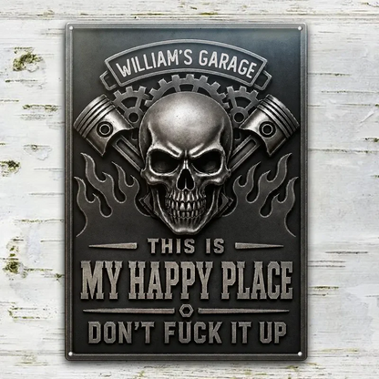 Personalized Rectangular Iron Sign, Skull, Pistons & Flames Garage Decor, Unique Gift for Car Enthusiasts