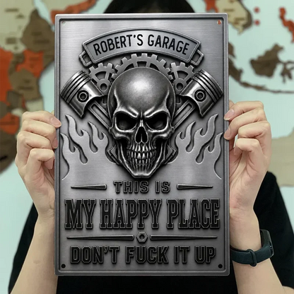 Personalized Rectangular Iron Sign, Skull, Pistons & Flames Garage Decor, Unique Gift for Car Enthusiasts