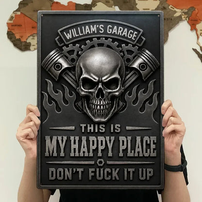 Personalized Rectangular Iron Sign, Skull, Pistons & Flames Garage Decor, Unique Gift for Car Enthusiasts