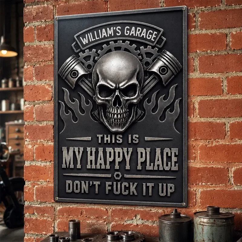 Personalized Rectangular Iron Sign, Skull, Pistons & Flames Garage Decor, Unique Gift for Car Enthusiasts