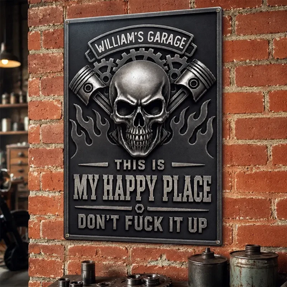 Personalized Rectangular Iron Sign, Skull, Pistons & Flames Garage Decor, Unique Gift for Car Enthusiasts
