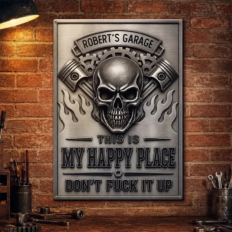 Personalized Rectangular Iron Sign, Skull, Pistons & Flames Garage Decor, Unique Gift for Car Enthusiasts