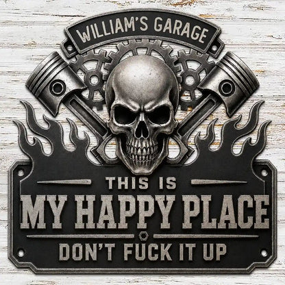 Happy Place Personalized Shaped Metal Sign, Industrial Skull Garage Decor, Creative Gift for Dad