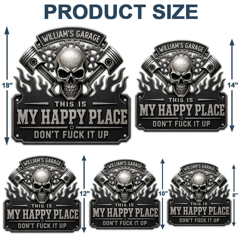 Happy Place Personalized Shaped Metal Sign, Industrial Skull Garage Decor, Creative Gift for Dad