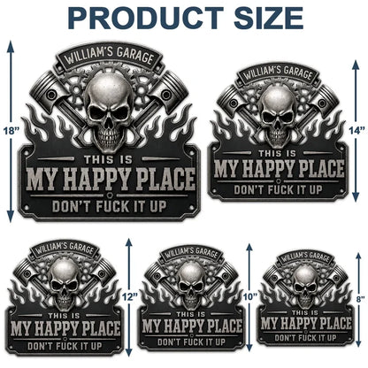 Happy Place Personalized Shaped Metal Sign, Industrial Skull Garage Decor, Creative Gift for Dad