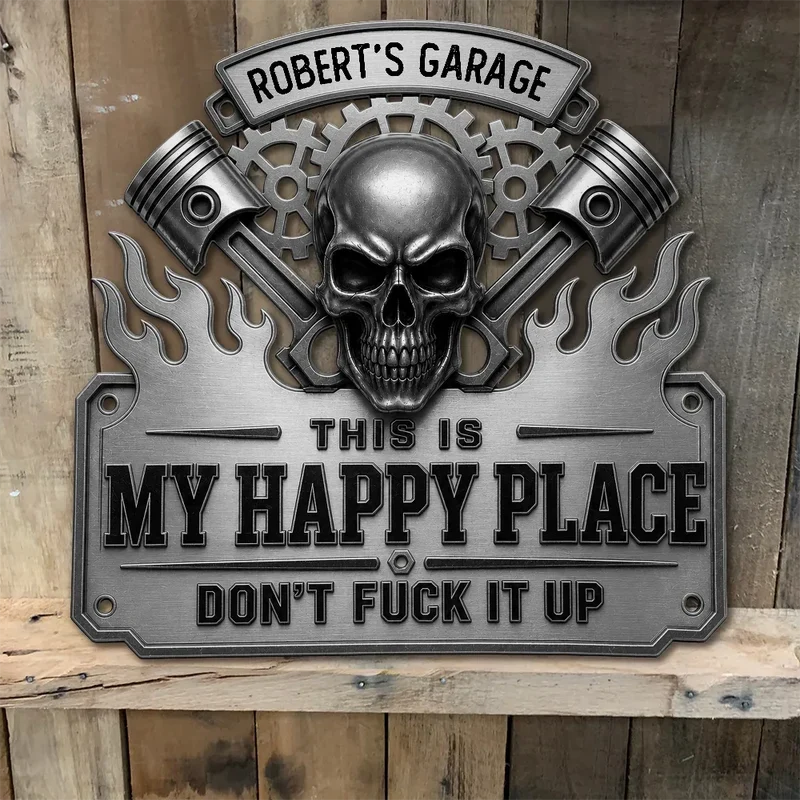 Happy Place Personalized Shaped Metal Sign, Industrial Skull Garage Decor, Creative Gift for Dad