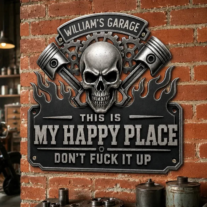 Happy Place Personalized Shaped Metal Sign, Industrial Skull Garage Decor, Creative Gift for Dad