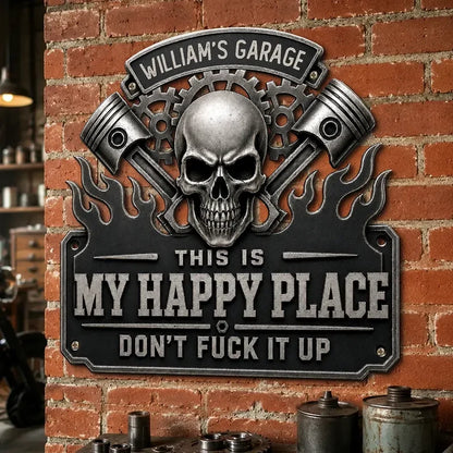 Happy Place Personalized Shaped Metal Sign, Industrial Skull Garage Decor, Creative Gift for Dad