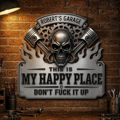 Happy Place Personalized Shaped Metal Sign, Industrial Skull Garage Decor, Creative Gift for Dad