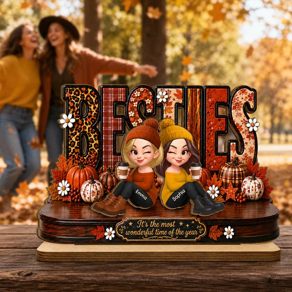 Personalized 2-Layer Wooden Plaque, Sitting Besties with Coffee, Unique Fall Gift for Close Friend