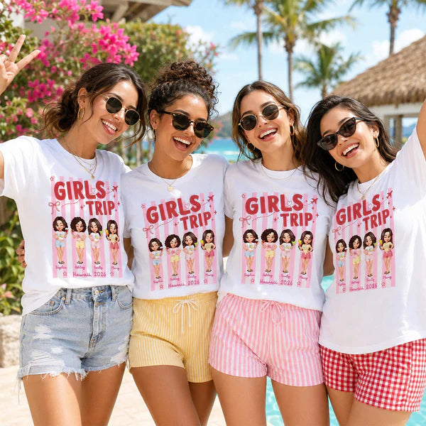 Classic Tee, Personalized Girls Trip Cartoon Friends with Drinks, Pink Stripe Vacation, Unique Creative Gift