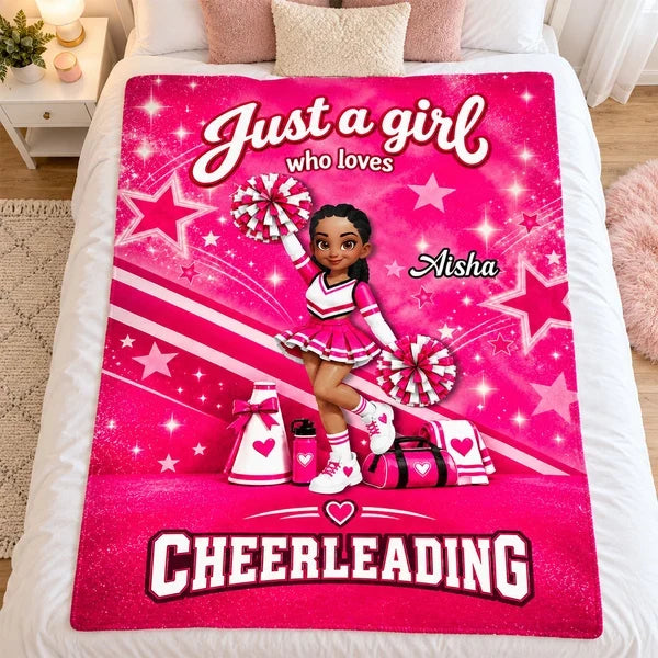 Personalized Fleece Blanket, Pink Cheerleader Raising Pom-Poms, Unique Gift for Daughter or Cheer Fan