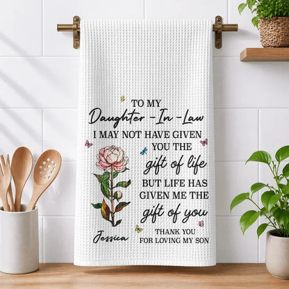 Personalized Kitchen Towel with Vintage Rose Quote, Unique Daughter-in-Law Gift for Kitchen Decor