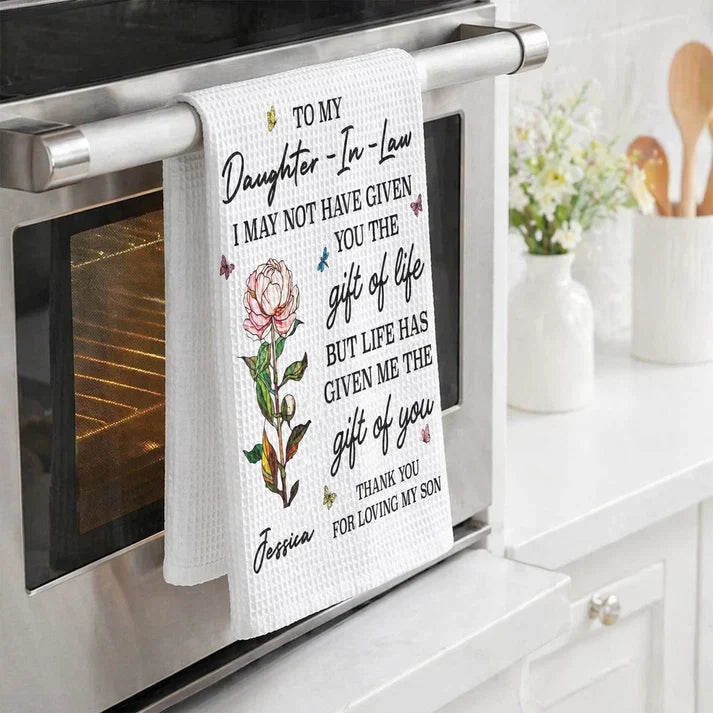 Personalized Kitchen Towel with Vintage Rose Quote, Unique Daughter-in-Law Gift for Kitchen Decor